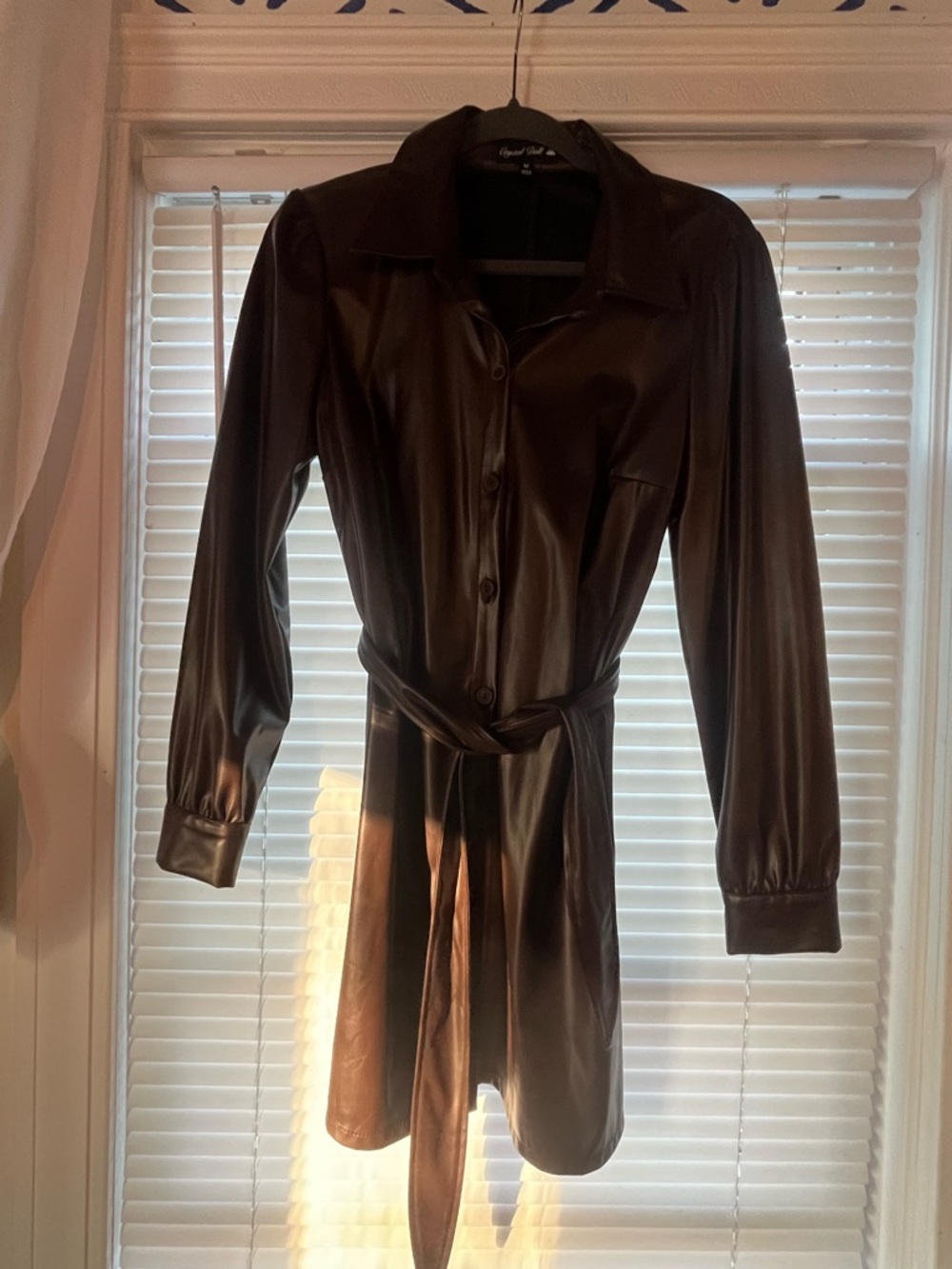 Faux Leather Belted Shirt Dress Jacket - Brown